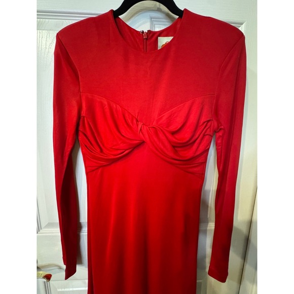 FARM Rio Twisted Jersey Midi Dress Red Long‎ Sleeve Shoulder Pads Size S (J) - Picture 6 of 12